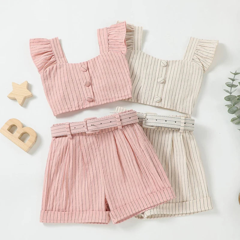 Toddler Girl Summer Outfits Stripe Print Flutter Sleeve Tank Tops + Belted Shorts 2Pcs Set