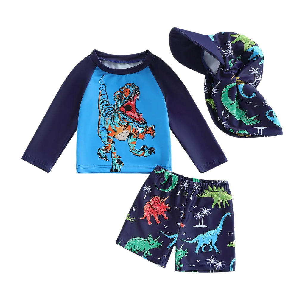 Toddler Boy  Swimsuit Long Sleeve Shark Print Rash Guard Bathing Suit Swimwear with Sun Hat for Kids