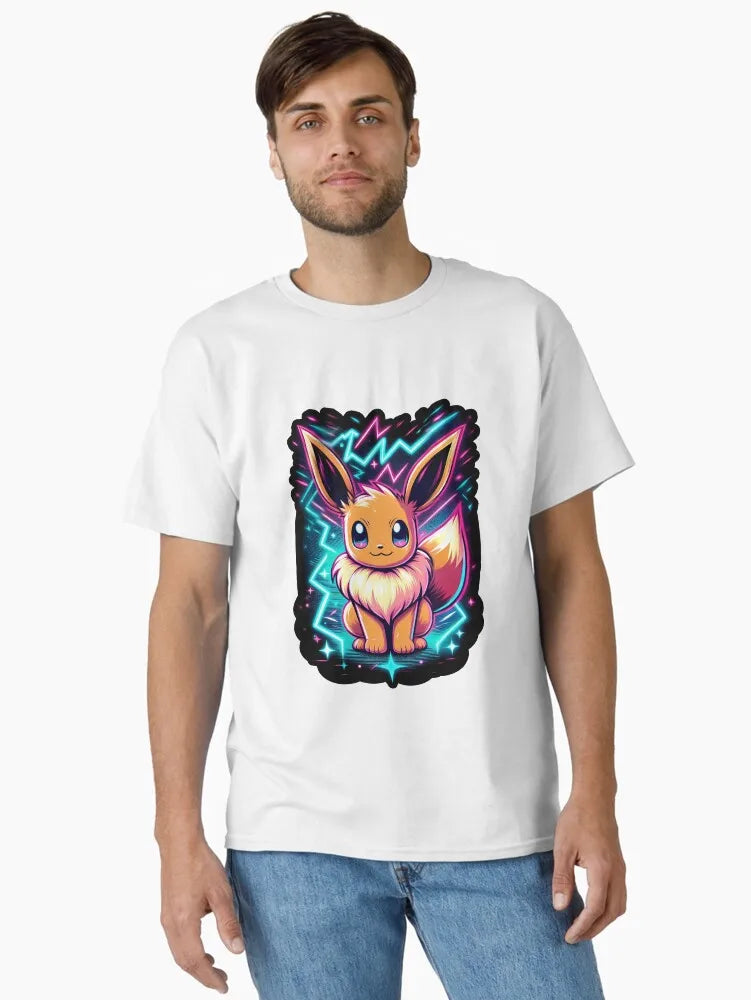 Neon Eevee T-Shirt Retro 80s Synthwave Pokémon Graphic Tee, Gaming Merch for Men Women Trendy Streetwear
