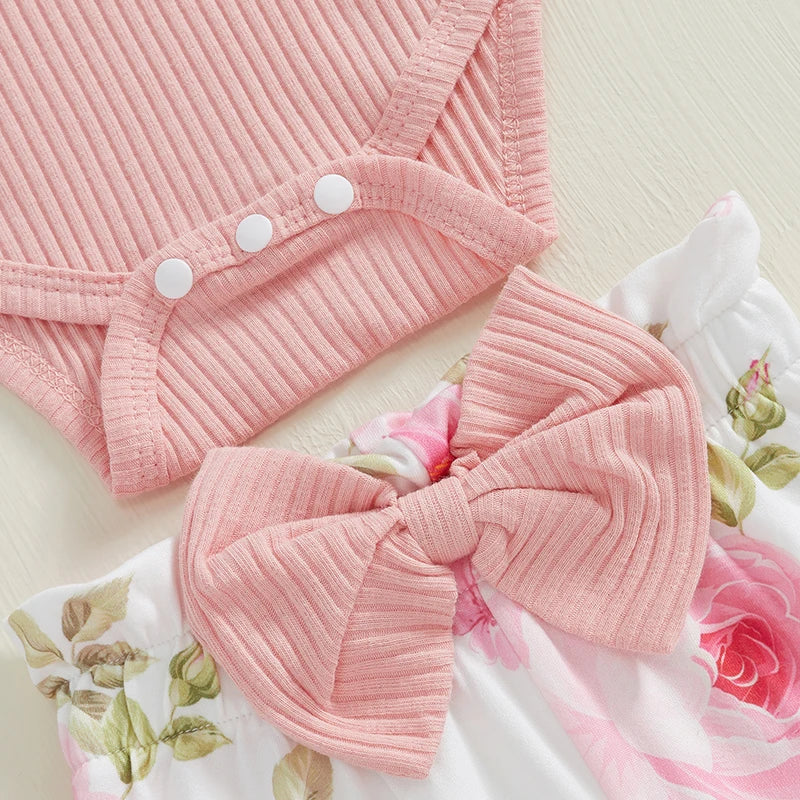 Baby Girls 4 Piece Outfit Letter Print Long Sleeves Romper and Floral Print Pants Headband Hat Set Cute Clothes