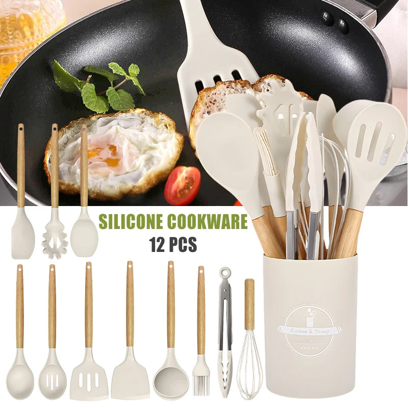 12pcs Silicone Kitchenware Cooking Utensils Set Non Stick Cookware with Storage Bucket