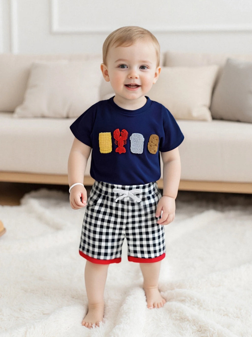 Boys Summer Outfit Set with Short Sleeve Lobster Embroidered Top and Plaid Drawstring Shorts O Neck Design for Comfort