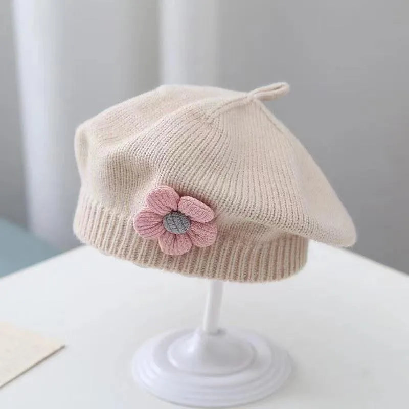 Flower Baby Beret Hat Winter Warm Knitted Beanie Cap for Infant Girls Toddler Princess Artist Solid Color Painter Caps