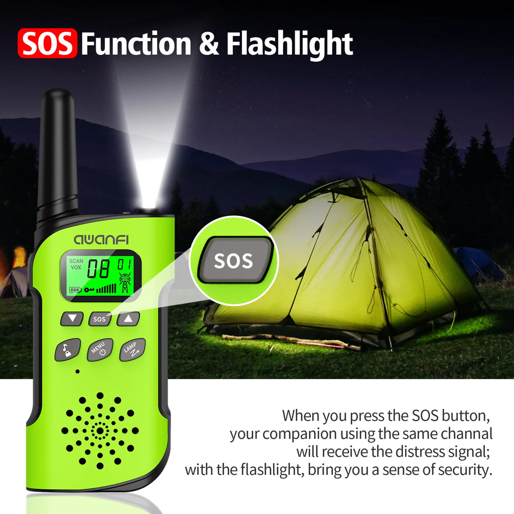 AWANFI Walkie Talkies 4 Packs , Long Range Flashlight 8 Channel, USB Type C for Camping, Hiking, Gifts