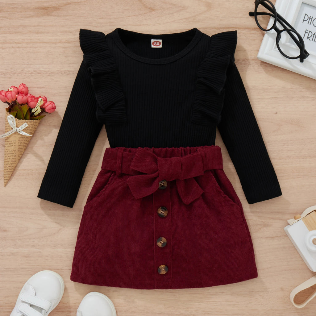 Spring Kids Girls Outfit Solid Color Lace Long Sleeve Tops + Button Short Skirt Belt Autumn Clothes Set