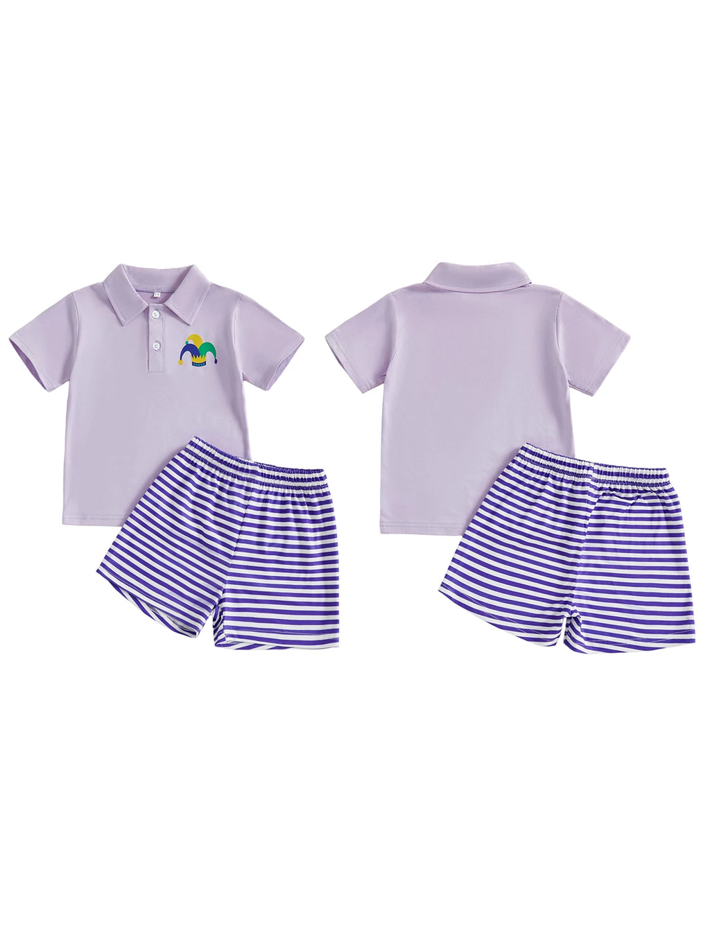 Boys Carnival Costume Set with Colorful Clown Hat Embroidery and Striped Shorts - 2 Piece Outfit for Mardi Gras