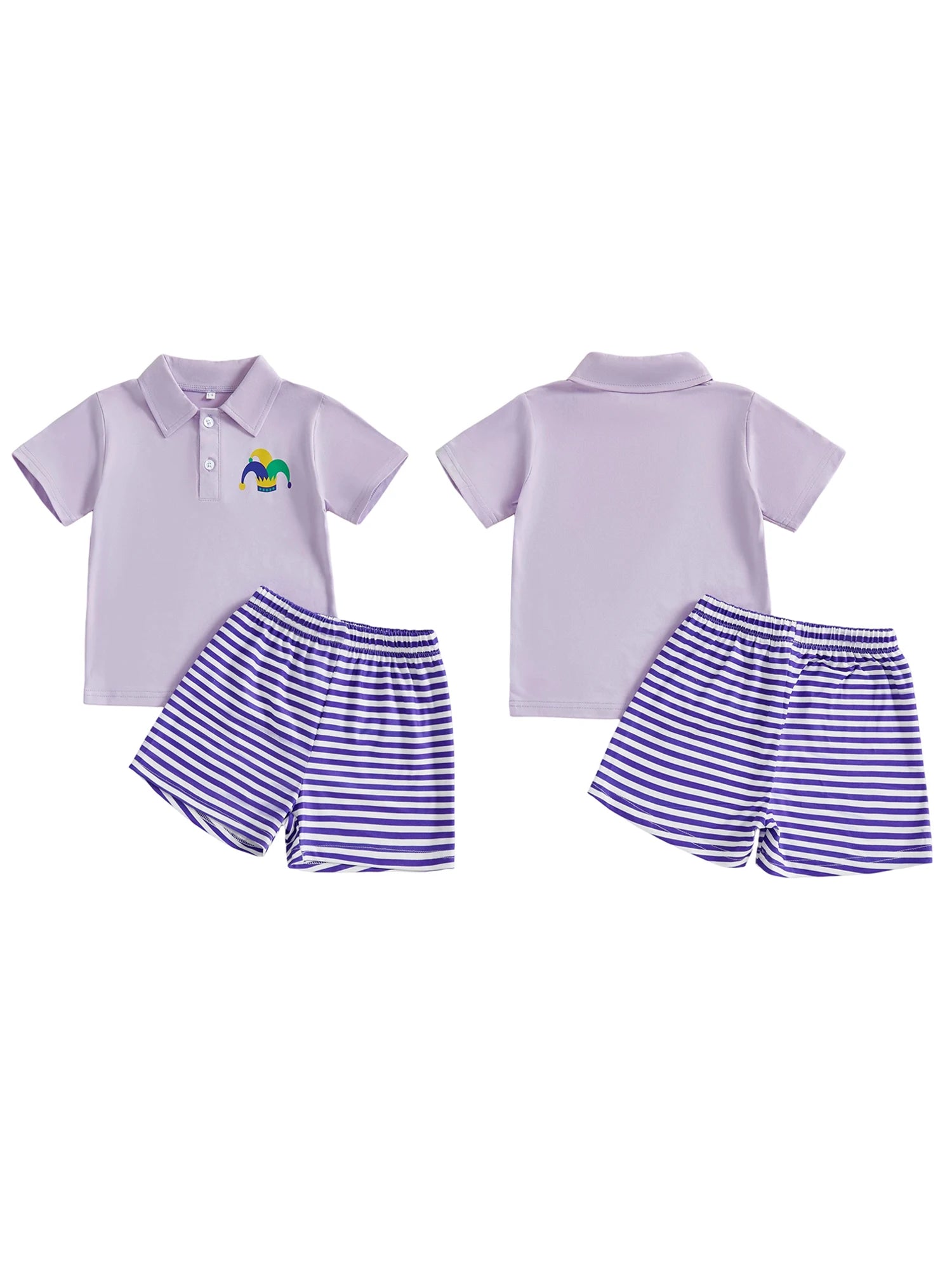 Boys Carnival Costume Set with Colorful Clown Hat Embroidery and Striped Shorts - 2 Piece Outfit for Mardi Gras