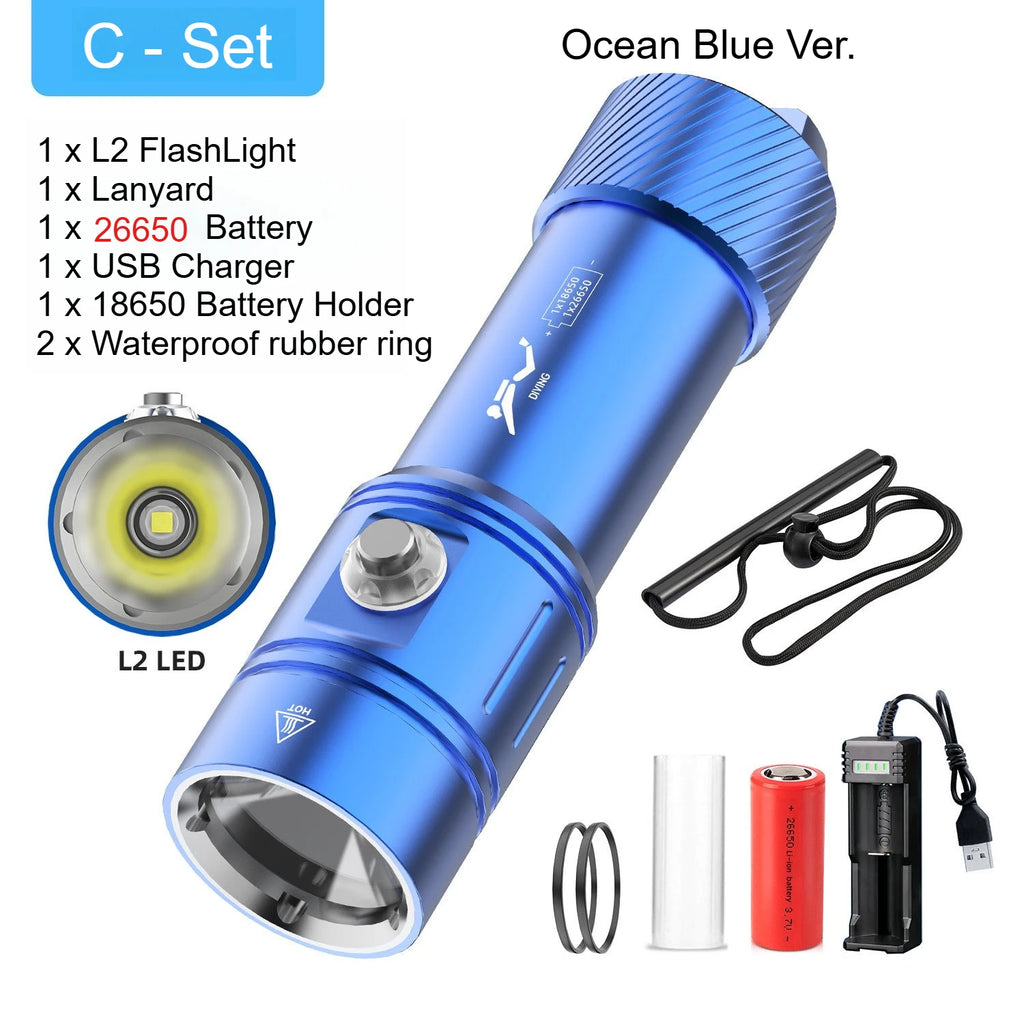 Professional diving L2-2000LM LED diving flashlight super bright IPX8 waterproof flashlight underwater 200M fishing flashlight