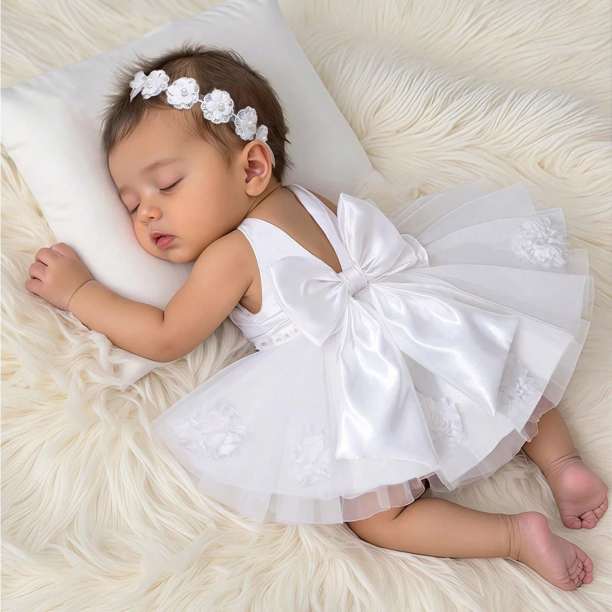 2Pcs Set White Newborn Girl Dress For Photo Shooting Big Bowknot Baby Photography Dress With Pearl Headband