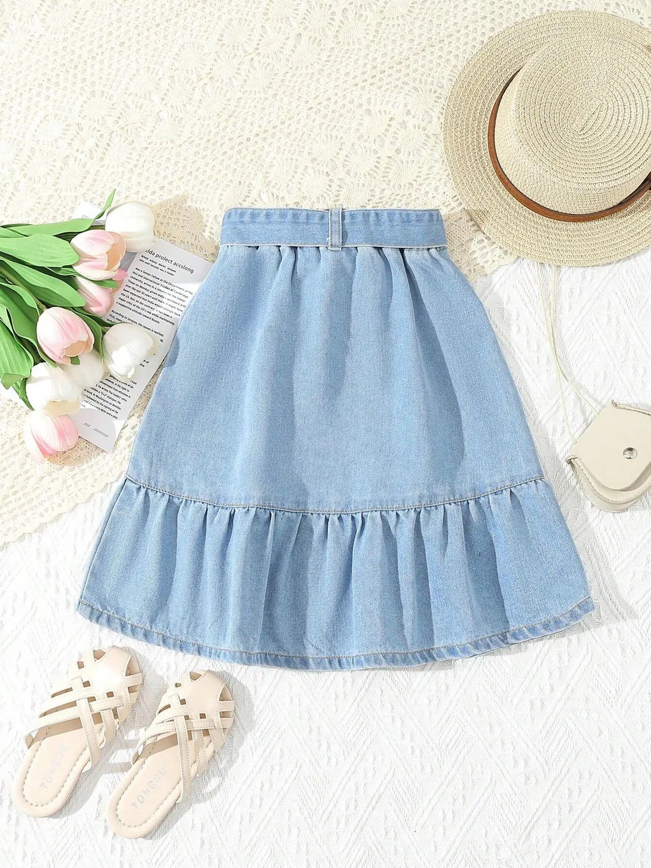 Light Wash Denim A-Line Skirt with Bow Belt and Ruffle Hem for Girls