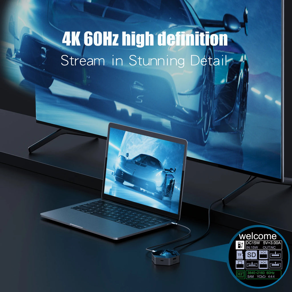 CoolFish USB HUB Docking Station Type-C Smart Display 4K 60 hdtv 8 in 1 Multi Port Hub Splitter PD Charging USB Extender