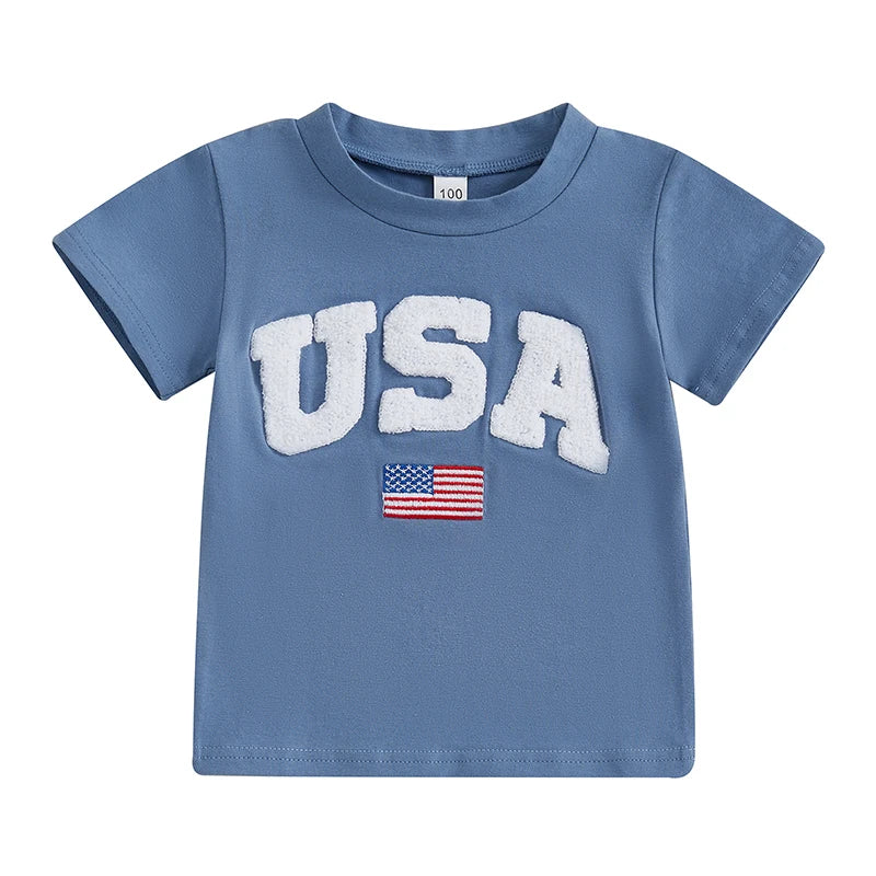 Independence Day Kids T-Shirt with USA Flag Embroidery Patriotic Short Sleeve Tee for Boys Loose Fit Summer Top
