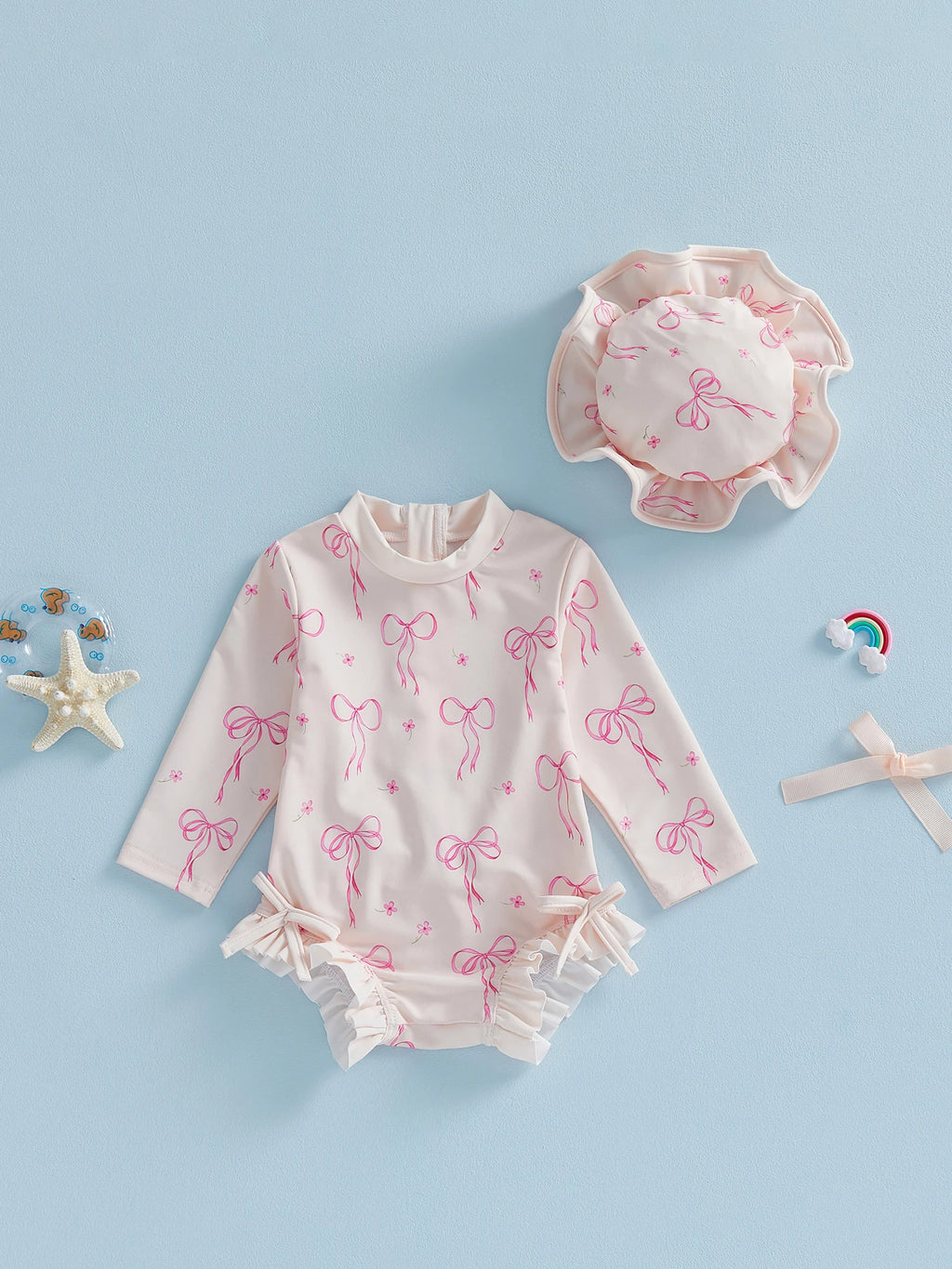 Toddler Girl Floral Rash Guard Swimsuit Set Girls Striped Long Sleeve Round Neck Ruffle Jumpsuit and Hat Set for Pool Beach