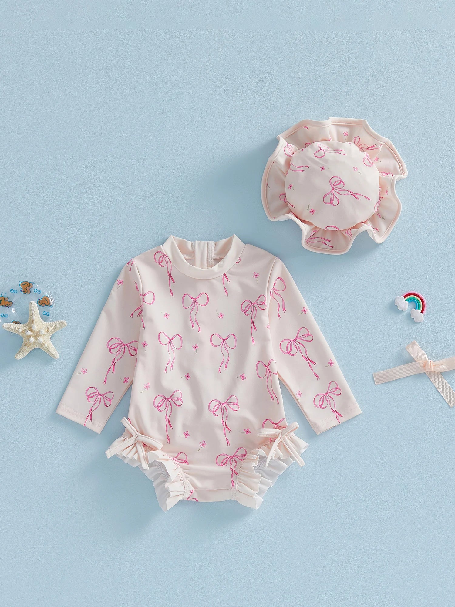 Toddler Girl Floral Rash Guard Swimsuit Set Girls Striped Long Sleeve Round Neck Ruffle Jumpsuit and Hat Set for Pool Beach