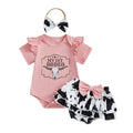 Infant Baby Girl Western Outfits Letter Short Sleeve Romper + Cow Print Tiered Ruffled Shorts + Bow Headband Set 0-18M