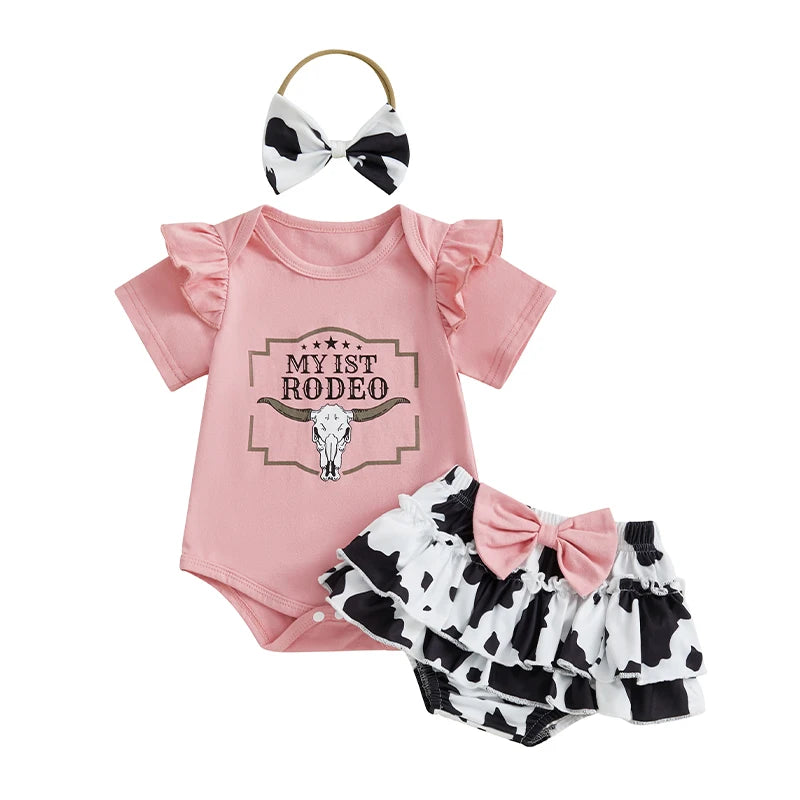 Infant Baby Girl Western Outfits Letter Short Sleeve Romper + Cow Print Tiered Ruffled Shorts + Bow Headband Set 0-18M