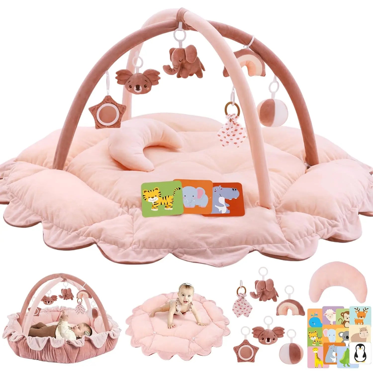 5-in-1 Plush Baby Play Gym with Convertible Mat, 6 Sensory Toys for Newborn to Toddler in Pink