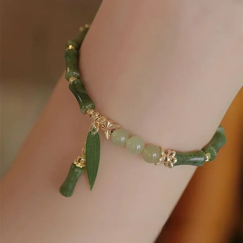 Retro Green Bamboo Joint Beaded Bracelet For Women's Fashion Simple Charm Alloy Leaf Bracelet Jewelry Gift