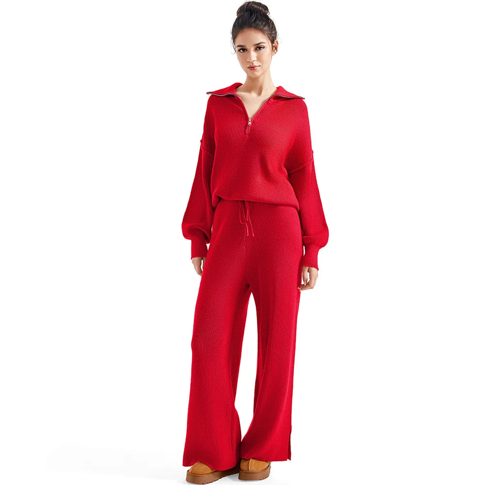 Women 2 Piece Lounge Sets Tracksuit Oversized Quarter Zip Pullover Polo Neck Wide Leg Pants Autumn Winter Kintted Sweater Sets
