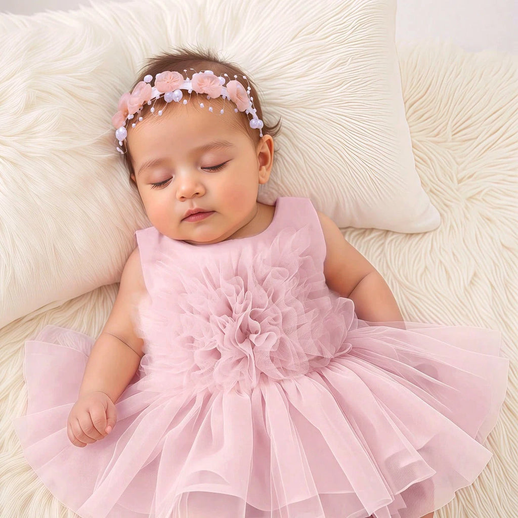 Newborn Girl Photography Dress Baby Dusty Pink Bowknot Mesh Dress With Floral Pearl Headband  Infant Photo Props