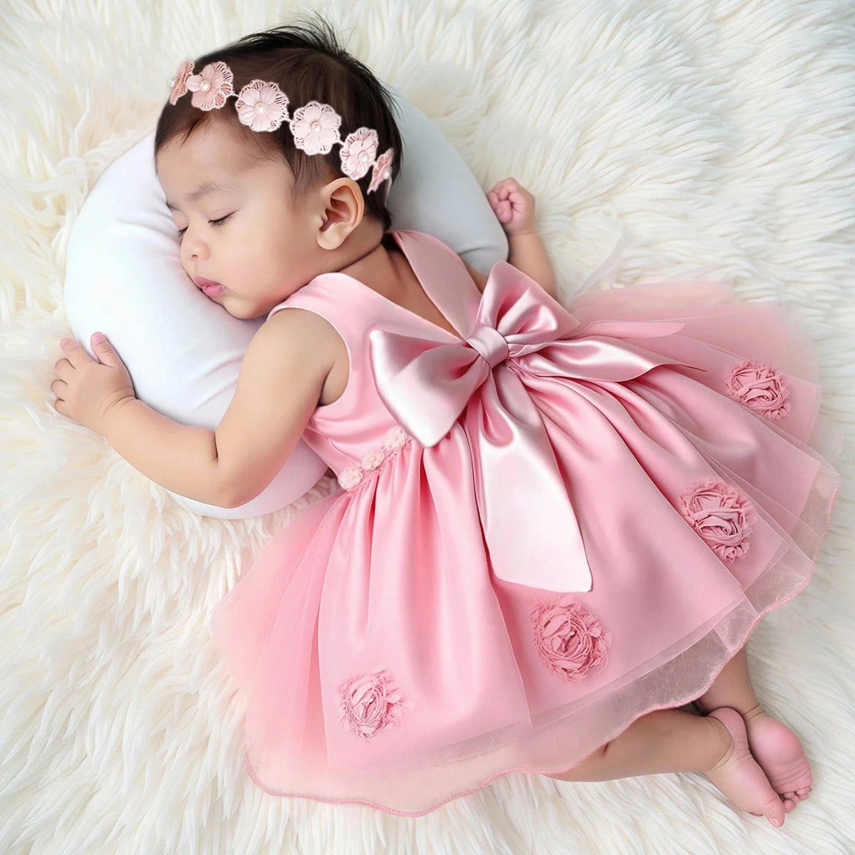 2Pcs Set White Newborn Girl Dress For Photo Shooting Big Bowknot Baby Photography Dress With Pearl Headband