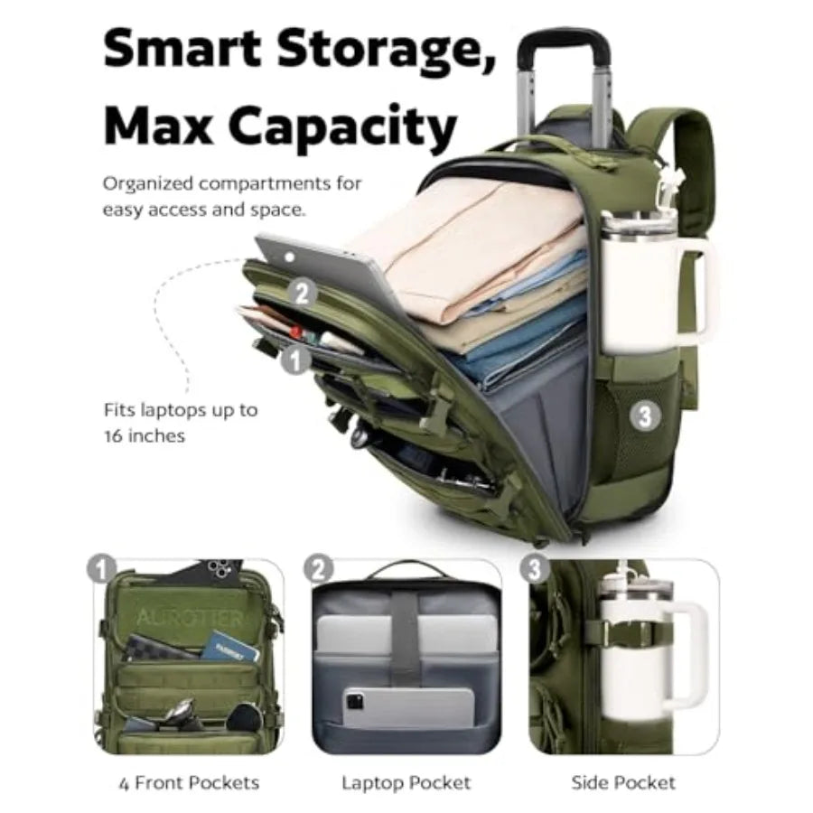 Rolling Tactical Laptop Backpack, Underseat Travel Backpack with Wheels, 16 Inch Wheeled Military Computer Backpack for Men and