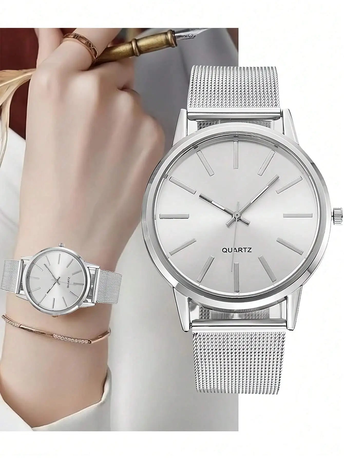 Minimalist Silver Mesh Band Quartz Watch with Gray Dial for Women