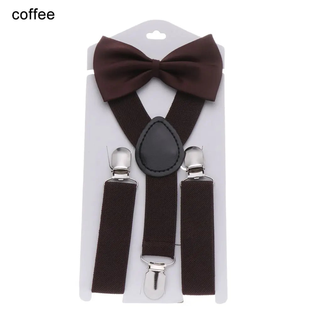 Kids Elastic Suspenders Bow Tie set Matching Tuxedo Suit Unisex Boy Girl Bowtie Wedding Costume Adjustable Y-Back Brace Belt