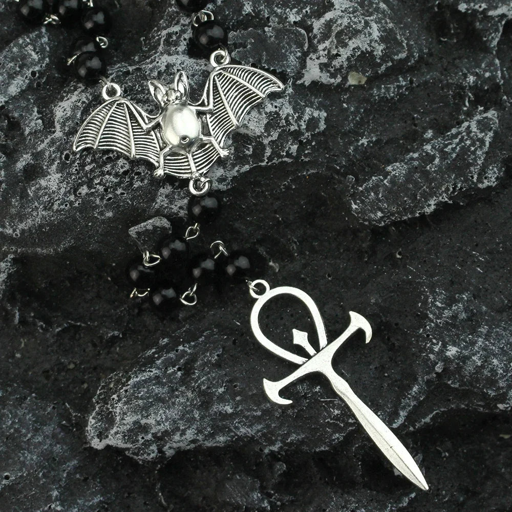 Gothic Bat Cross Rosary Necklace for Women Fashion Mystery Witch Jewelry Accessories Gift Silver Color Bat Charm Vampire Choker