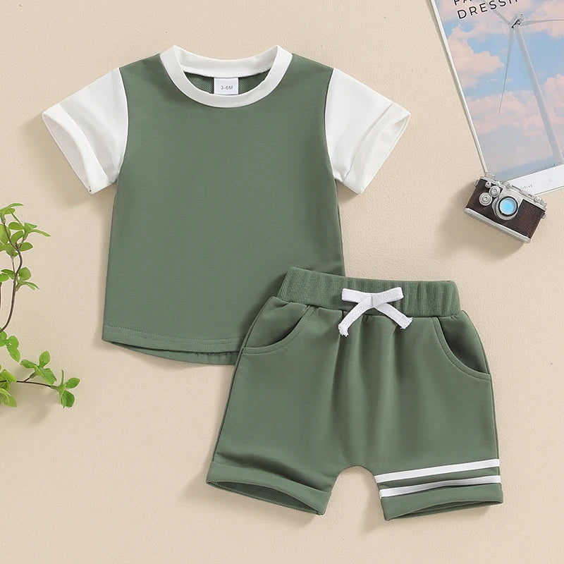 Kids Summer 2PCS Outfits Short Sleeve Printed Tops and Elastic Waist Shorts Sets for Boys
