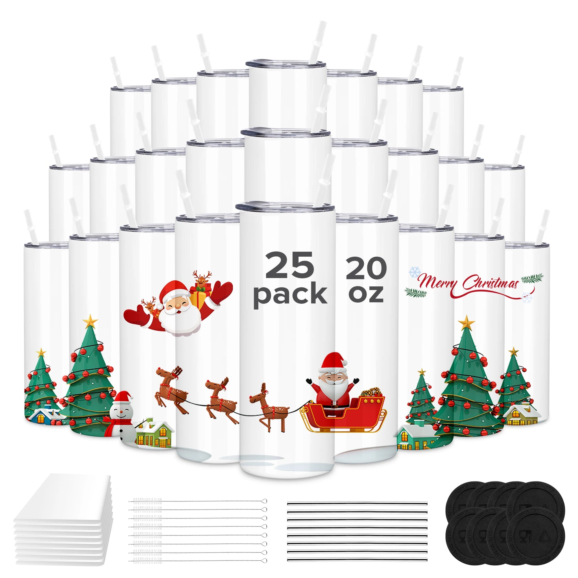 Sublimation Tumblers Blanks 20 oz 25 Pack Skinny Straight Tumblers Bulk Stainless Steel Insulated Sublimation Cups with Lid and