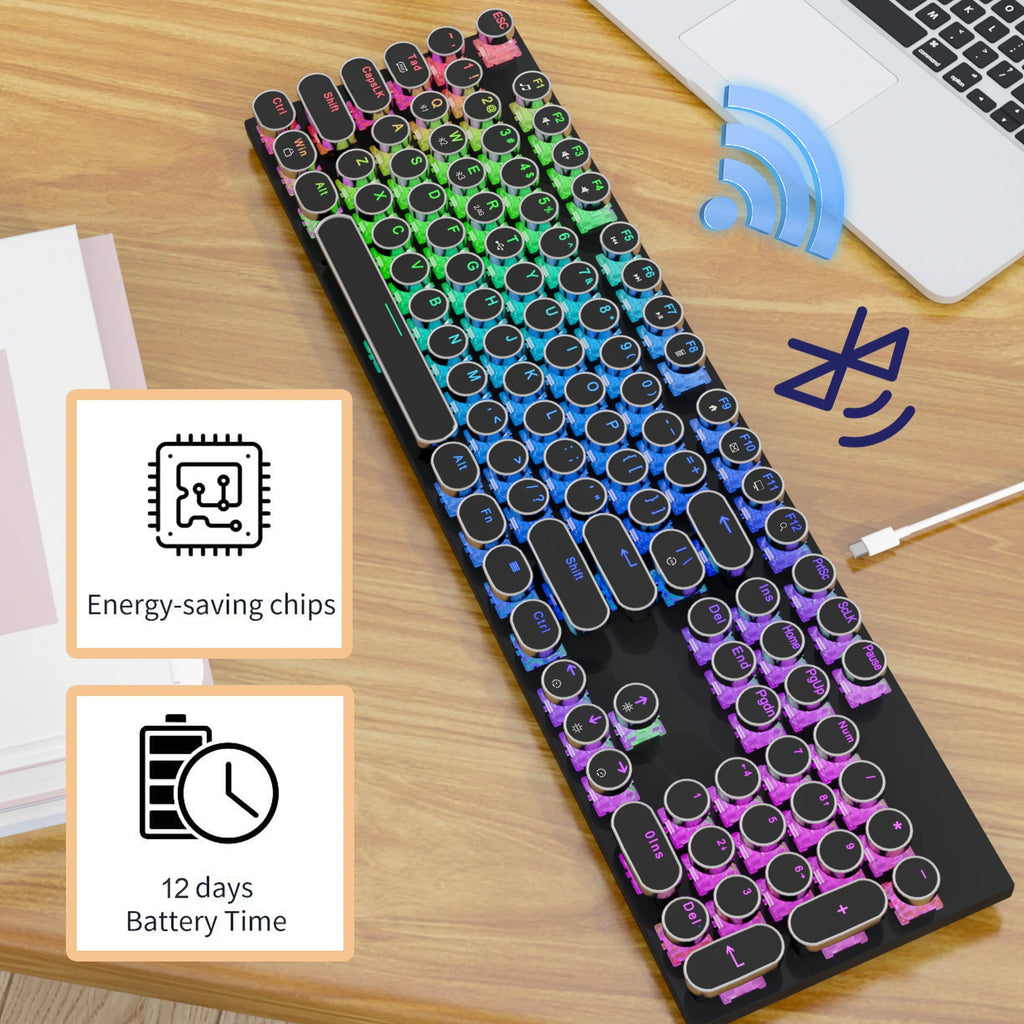 Wireless Punk Typewriter Mechanical Keyboard Round Keycaps And RGB 104-Key Game Office Triple Mode Wireless 5.0/2.4G/Wired E