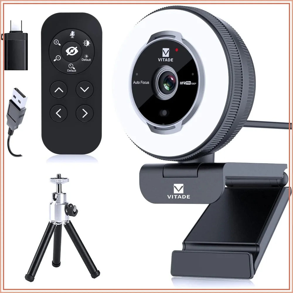 1080P 60FPS Streaming Webcam with Remote Control, 5X Digital Zoom, Adjustable Ring Light & Tripod, Privacy Shutter, USB-A/C for Laptop/Mac/PC