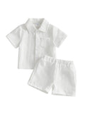 Boys Casual Summer Outfit Set with Short Sleeve Lapel Button Up Shirt and Solid Color Shorts for a Stylish Look