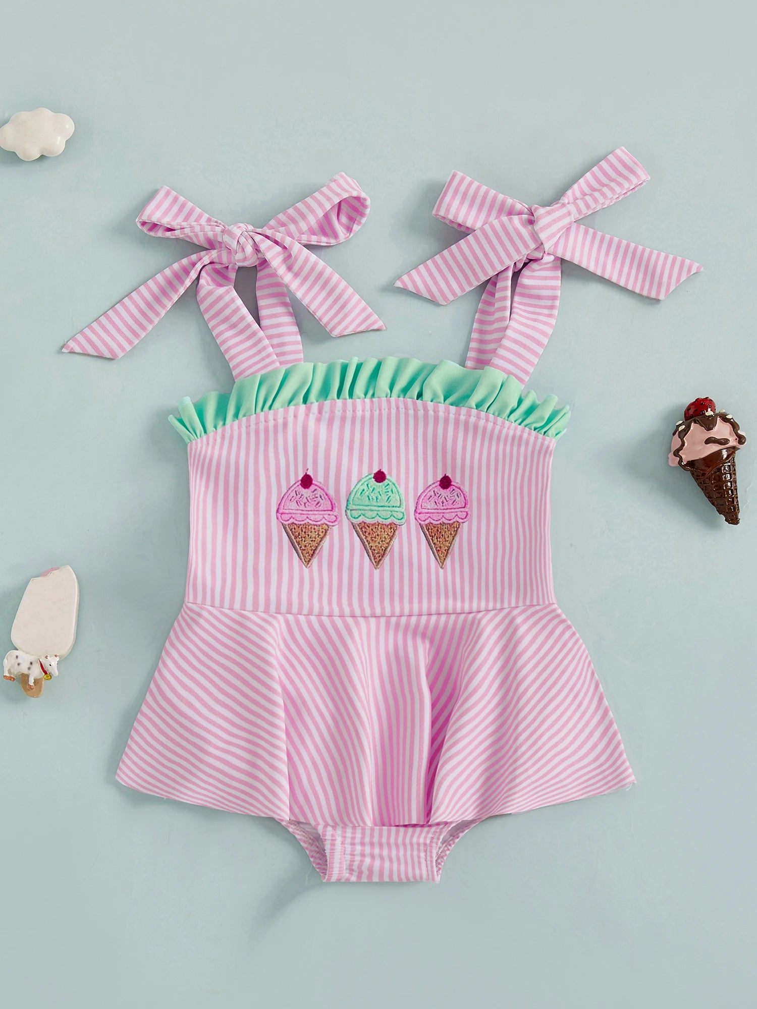 Toddler Girl  Swimsuit Floral Print Ruffle Trim Adjustable Straps Baby Girl Swimwear Beachwear Bathing Suit