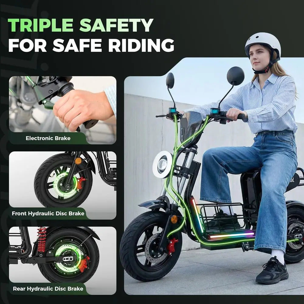 H7 Electric ycle with Seat, 43 Miles Range & 35 MPH High Speed, 15" at Tire Scooter or Adult with Mood Lights, NC Start, 1500W M
