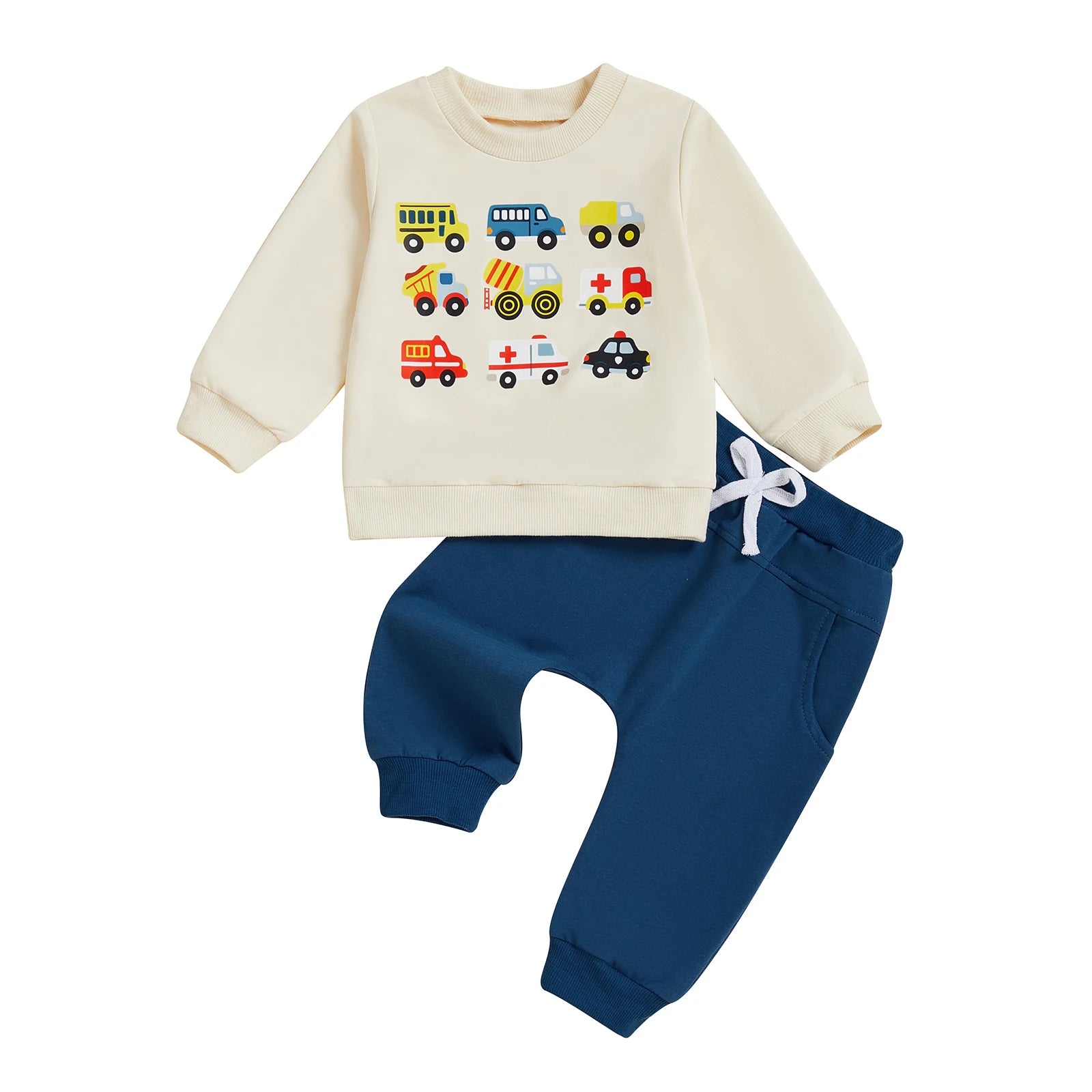 Baby Boy Autumn Clothes Fire Truck Pattern Hooded Sweatshirt Drawstring Waistband Jogger Pants 2 Piece Outfit Set