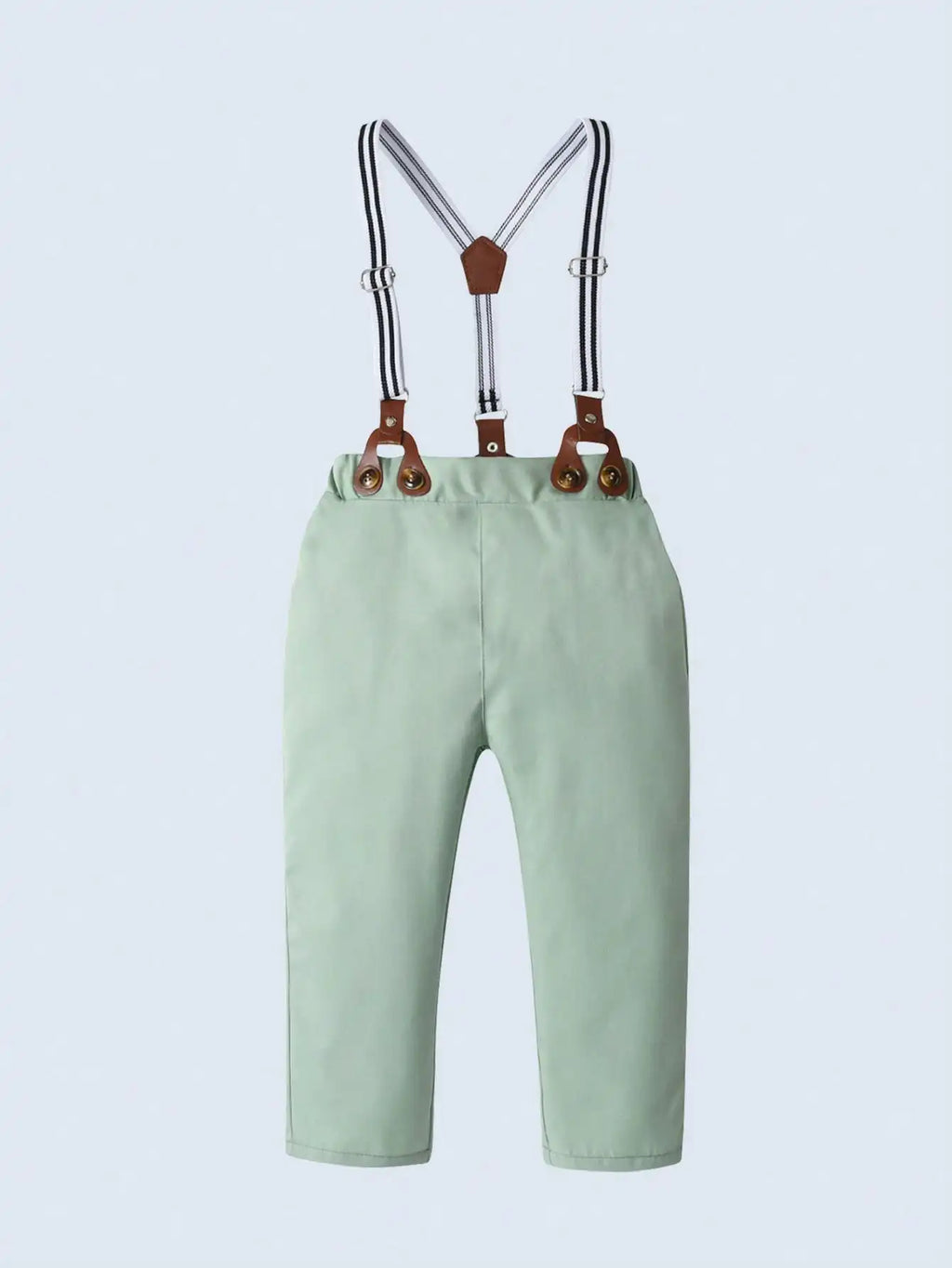 2-Piece Formal Outfit for Boys: White Long Sleeve Shirt with Mint Bowtie & Suspender Pants