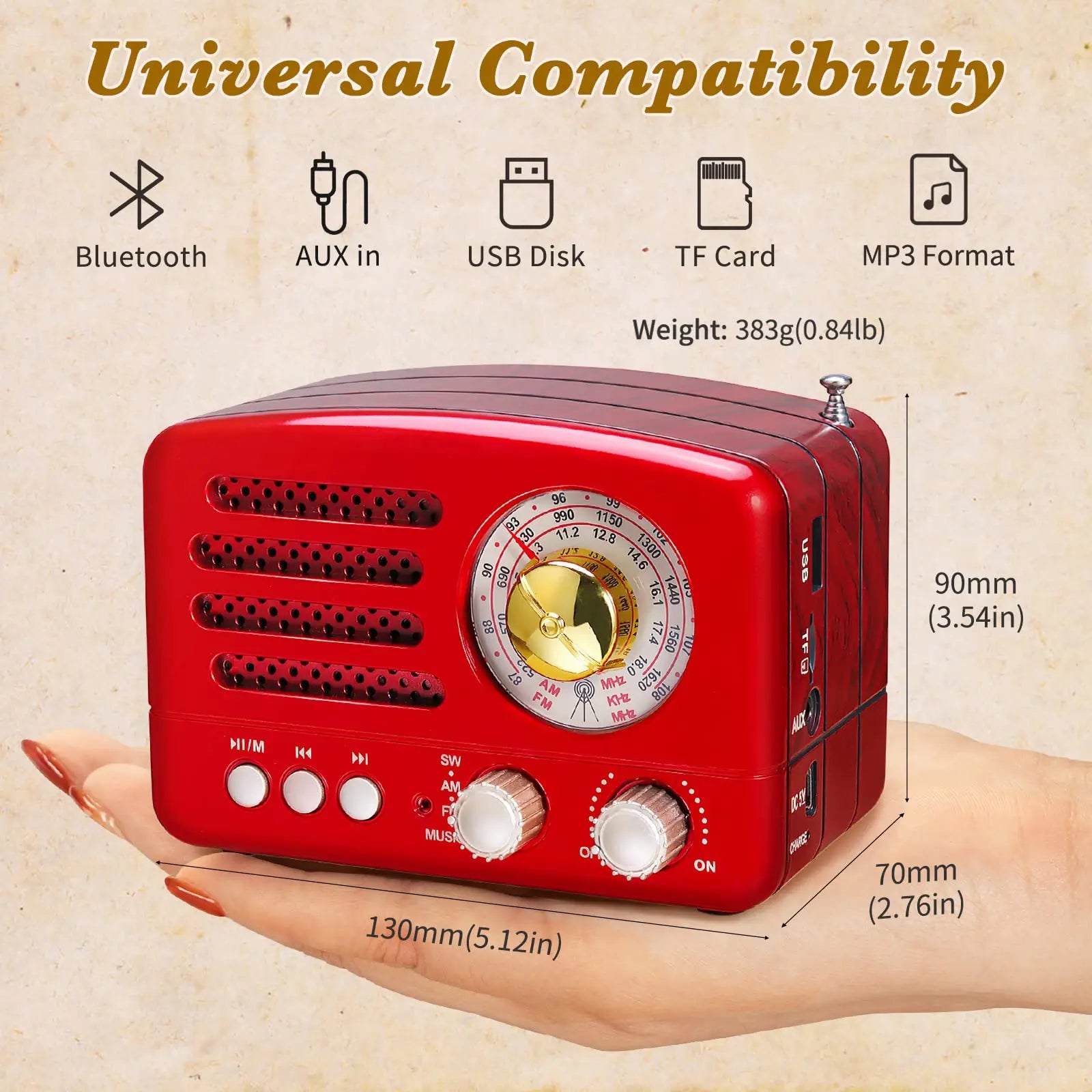 Small Retro Vintage Radio, Bluetooth, Portable Transistor Radio AM FM, Rechargeable batters