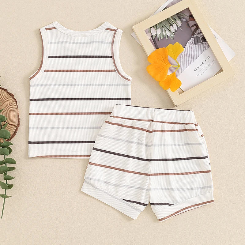 Toddler Baby Boy Ribbed Outfits Striped Sleeveless Round Neck Tank Tops + Elastic Waist Shorts Summer Set