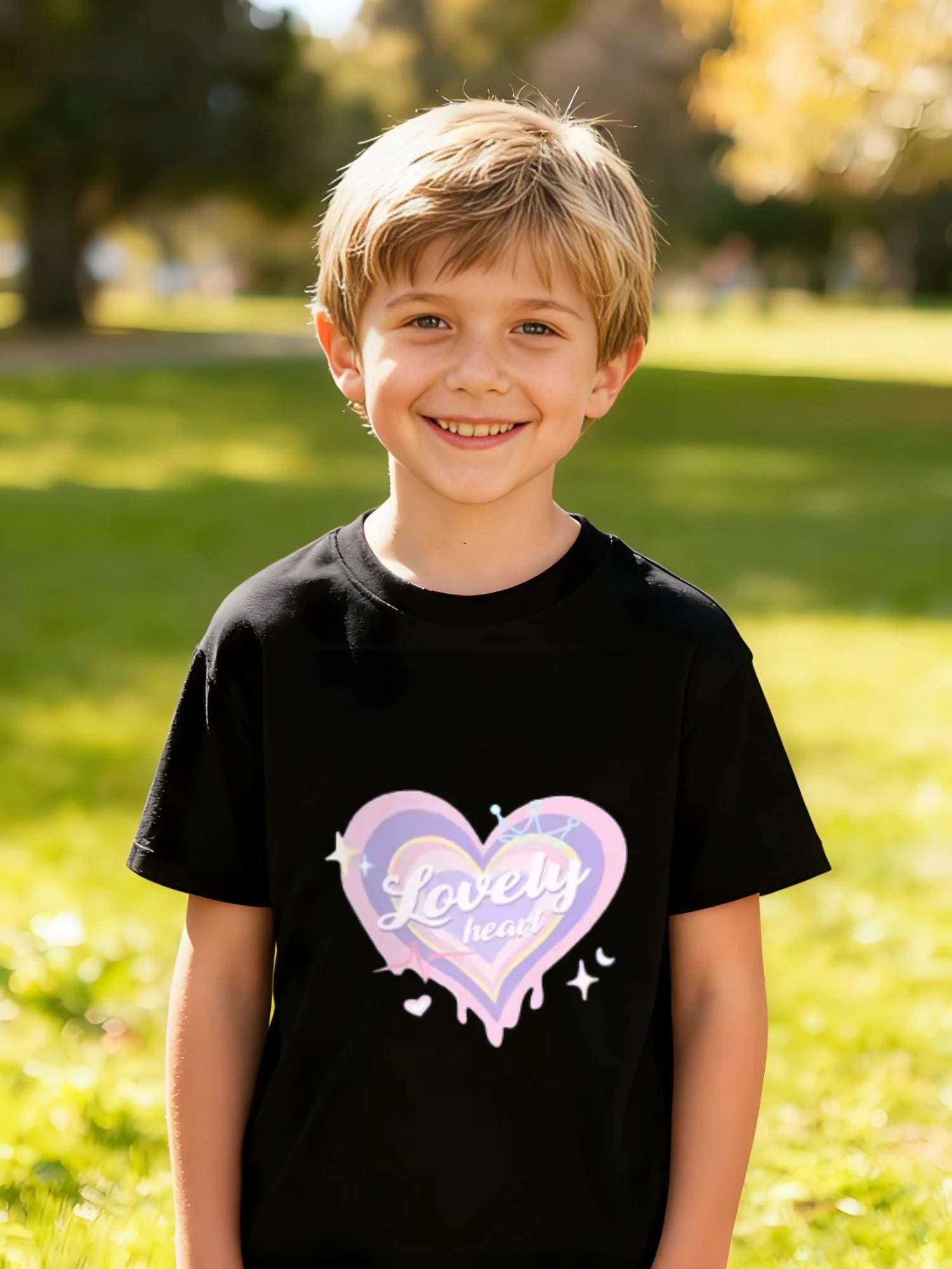 Children's Cotton T-Shirt Lovely Heart Text with Crown and Star Moon Accents Royal Design for Boys / Girls Sweet Romantic Style
