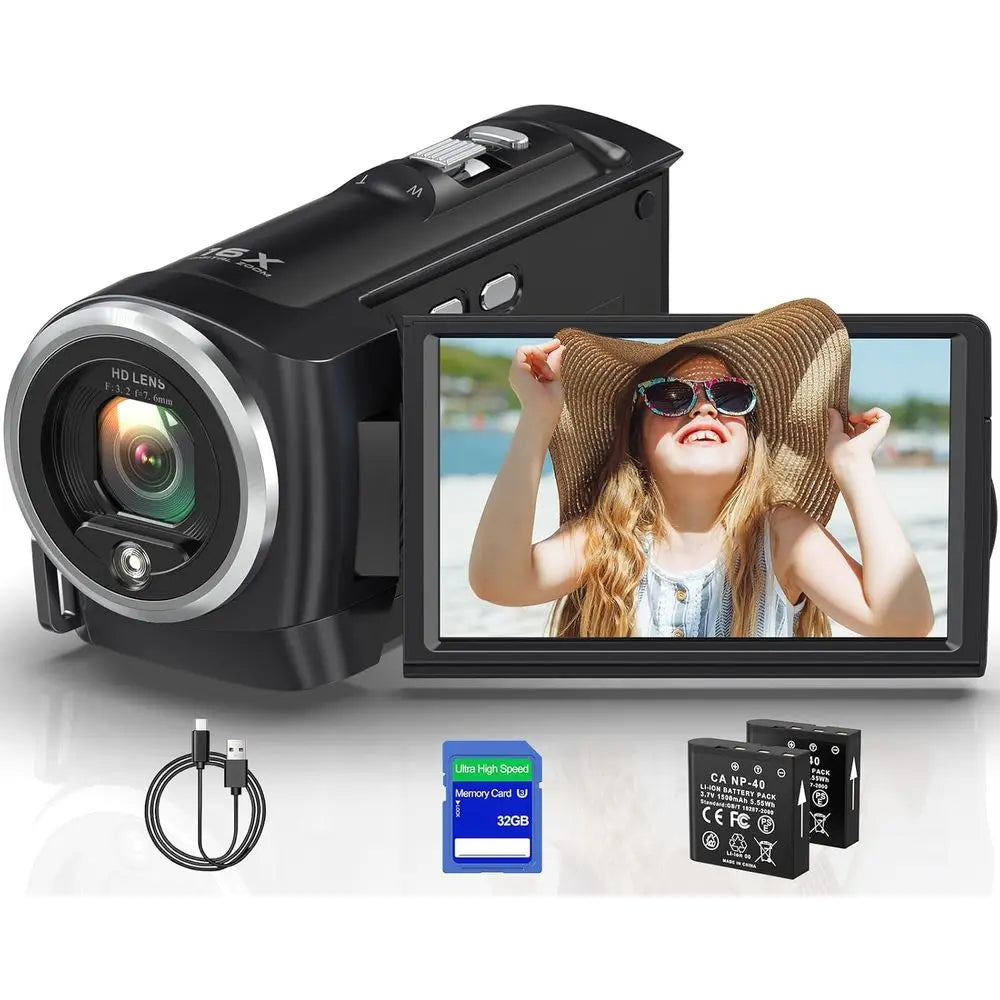 QHD 2.7K Video Camcorder with 56MP, 16X Zoom, 270° Rotation, 32GB SD Card, Dual Batteries, Recording While Charging
