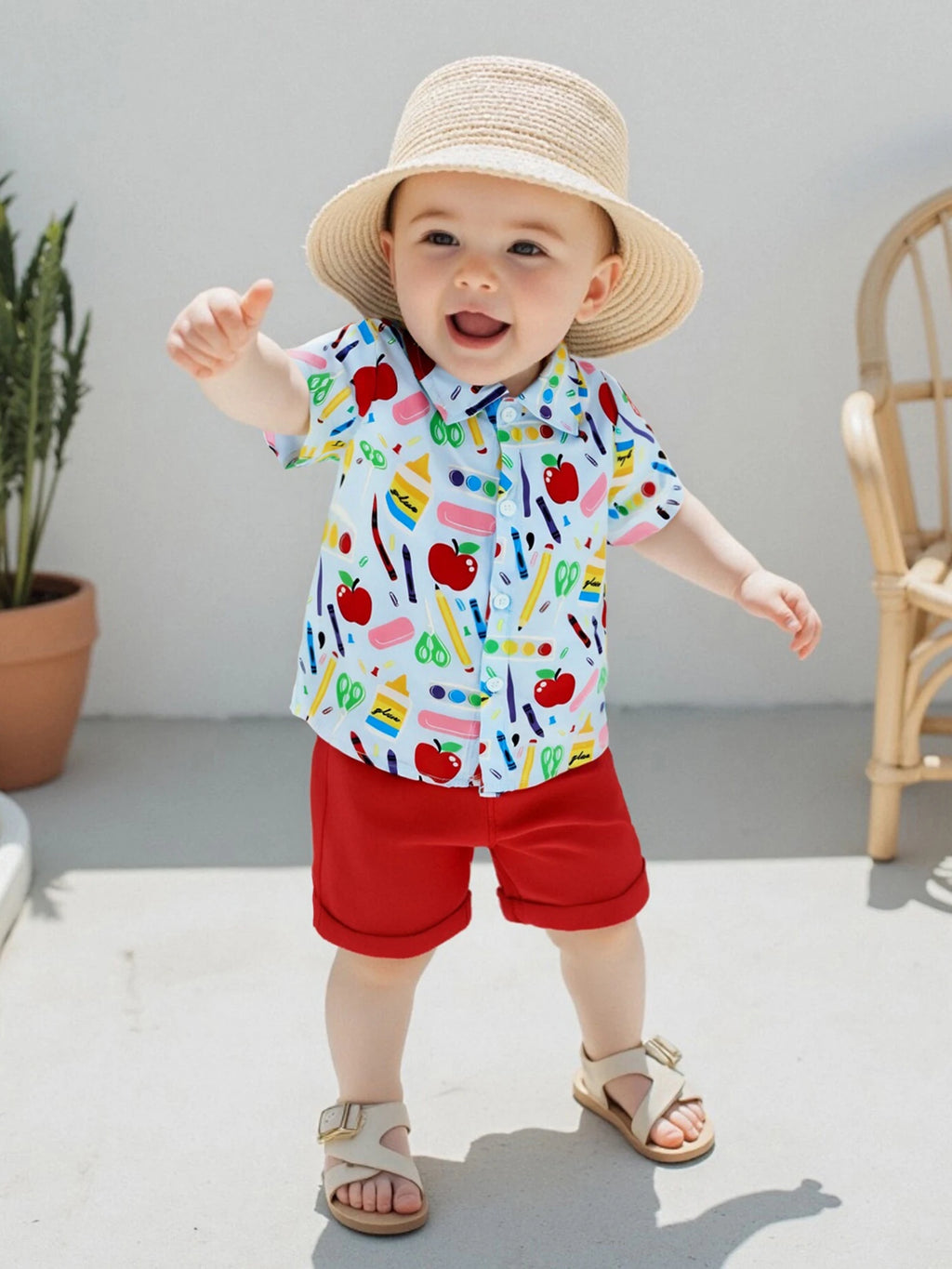 Cute Toddler Boy Back to School Outfit Apple Print Short Sleeve Collared Shirt with Solid Color Elastic Waist Shorts - 2 Piece