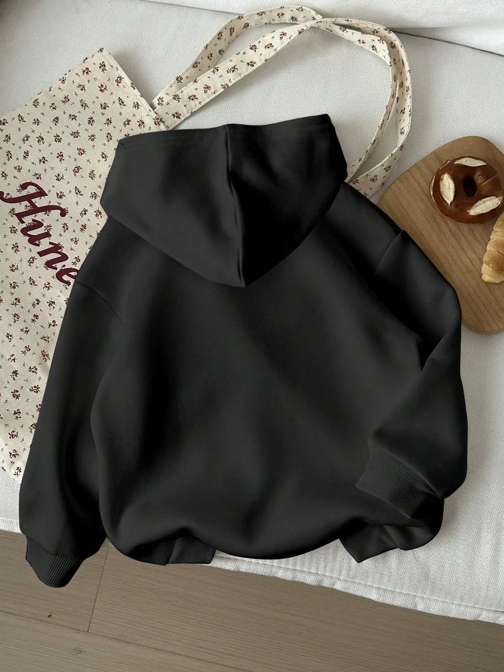 Black Loose Fit Hoodie with Iridescent Heart & Paw Print Graphic for Girls