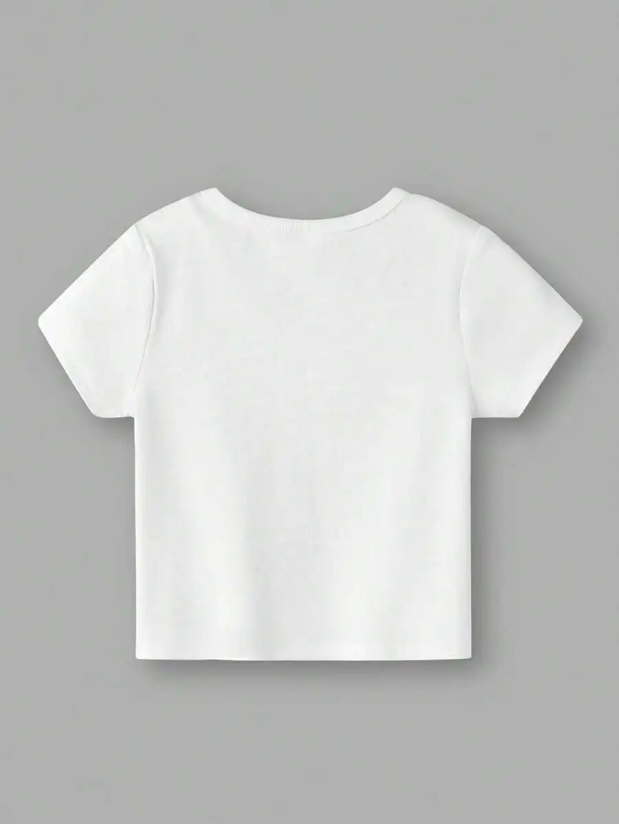 White Cropped Round Neck Short Sleeve T-Shirt for Girls