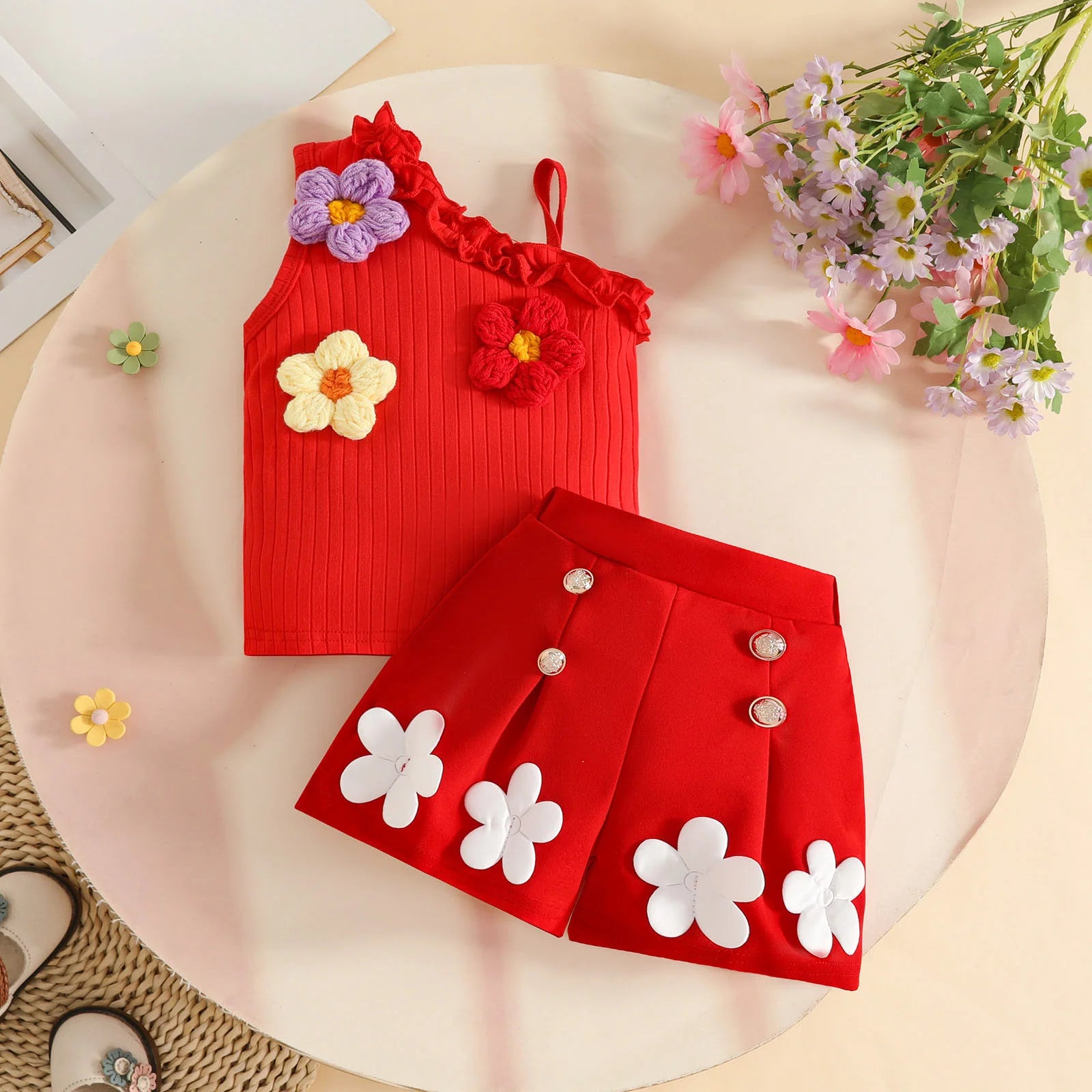 Flower Embroidery Sleeveless Smocked Tops Shorts Set Toddler Baby Girl Summer Clothes Cute Two Children'S Baby Clothing Sets