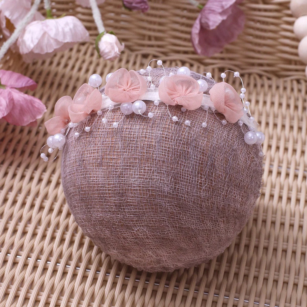 Newborn Girl Photography Dress Baby Dusty Pink Bowknot Mesh Dress With Floral Pearl Headband  Infant Photo Props