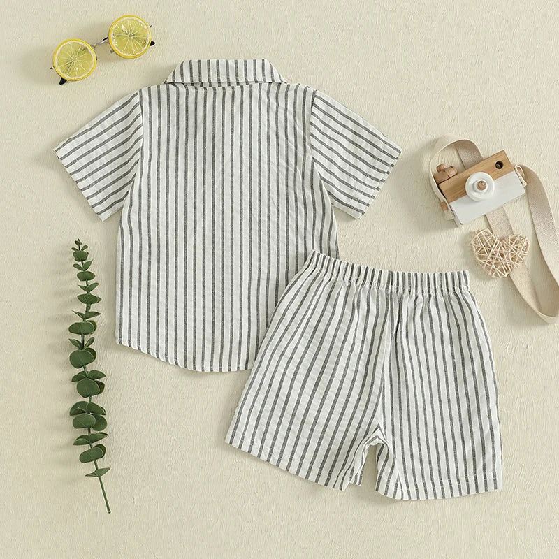Toddler Baby Boy Shorts Set Striped Collared Short Sleeve Button-up Shirts Elastic Waist Shorts Summer Clothes 2Pcs
