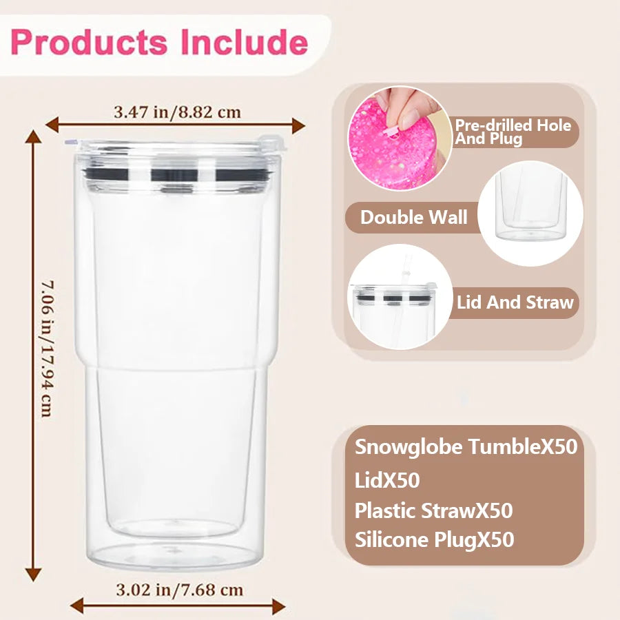 25pcs 18 Oz Water Bottles, Acrylic Snowglobe Tumbler, Snow Globe Cups with Pre Drilled Hole, Double Wall Travel Cups