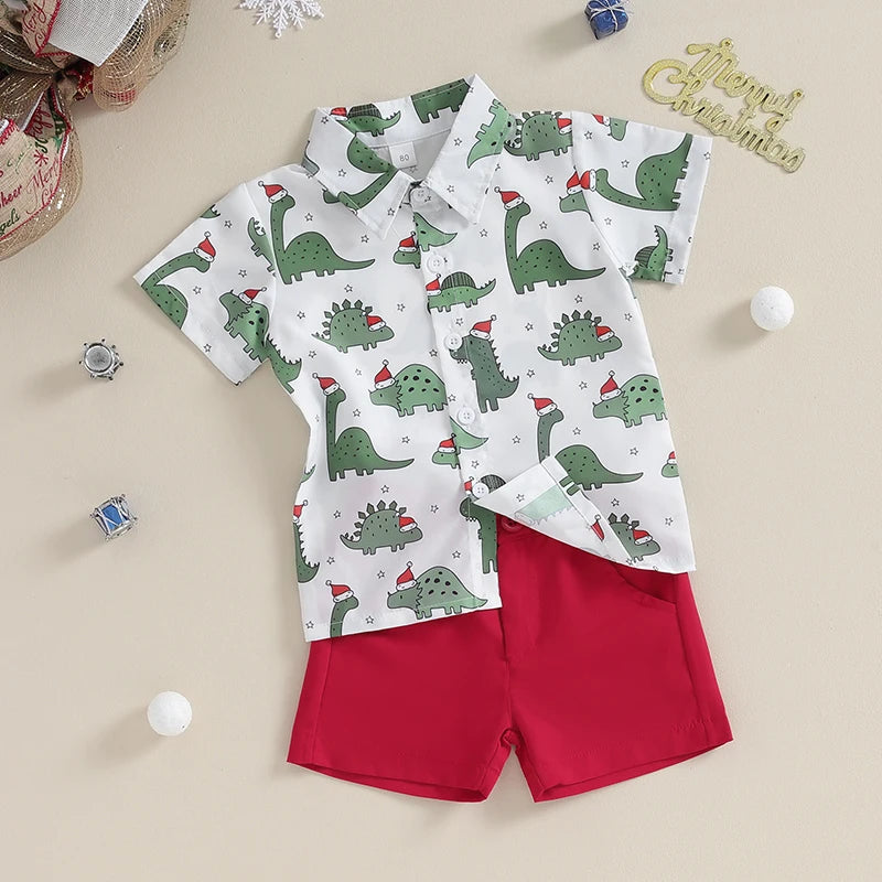 Baby Boy 2 Piece Set Christmas Reindeer Print Button Short Sleeve Shirt and Shorts for Holiday Formal Wear